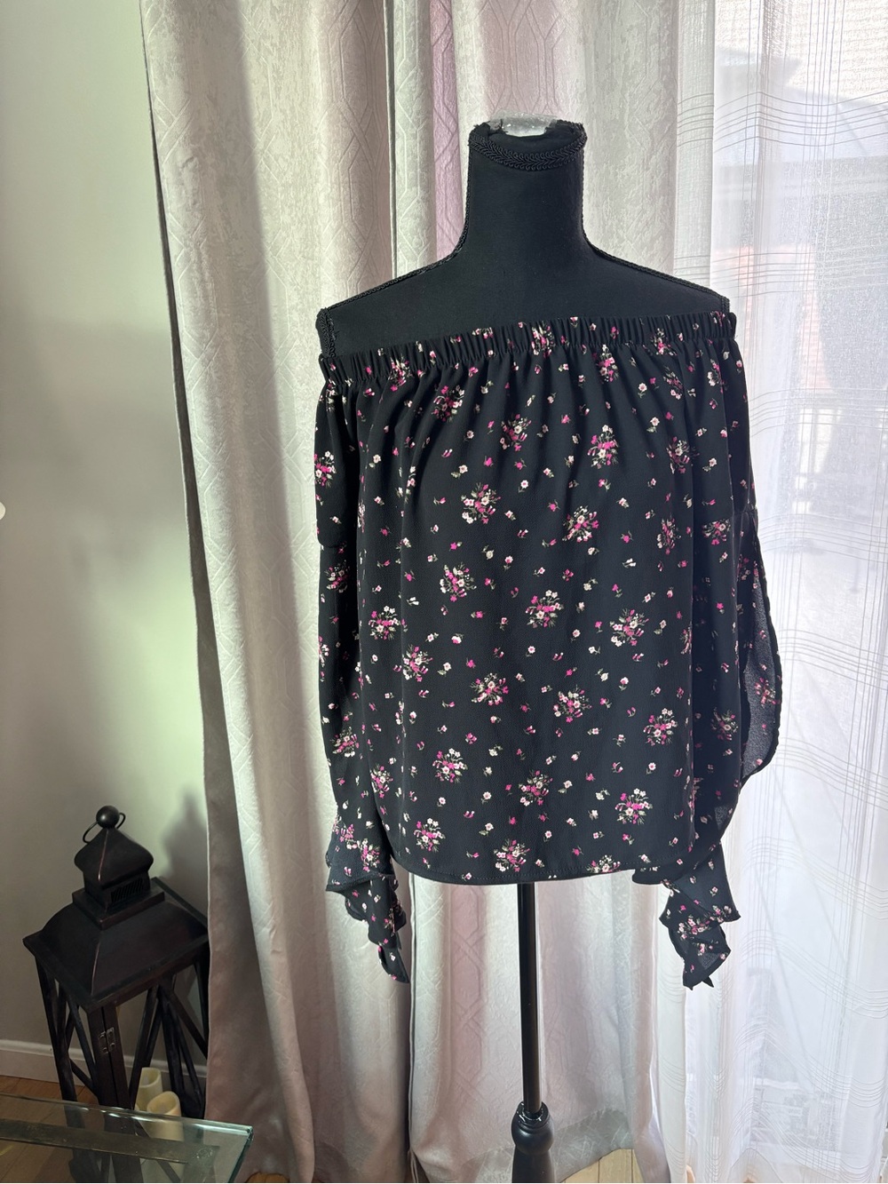Ultra Flirt Black Off-Shoulder Floral Blouse with Pink Accents